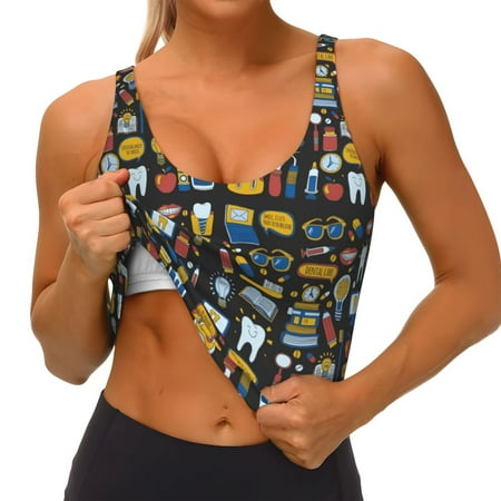Qokaie Teeth Pattern Womens Scoop Neck Sports Bra Breathable Workout Vest Padded U Back Medium Impact Fitness Gym Yoga Bra Workout Crop Top