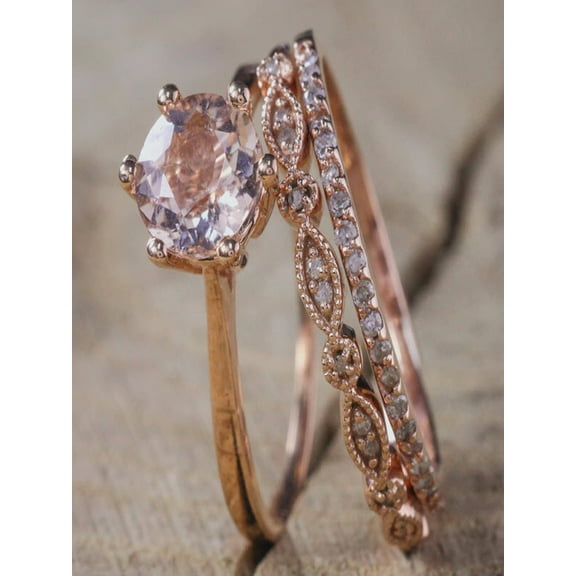 Sale 2 carat Antique Milgrain Morganite and Diamond Trio Ring Set in 10k Rose Gold with One Engagement Ring and 2 Wedding Bands