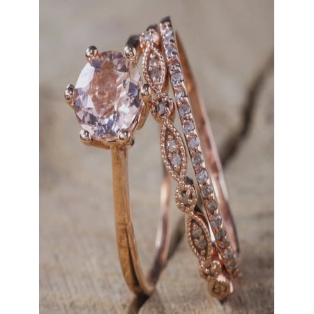 Sale 2 carat Antique Milgrain Morganite and Diamond Trio Ring Set in 10k Rose Gold with One Engagement Ring and 2 Wedding Bands