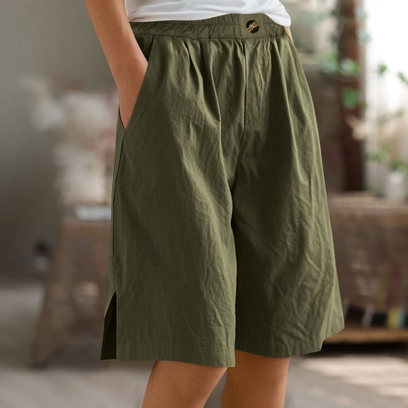 Goodtrade8 Bermuda Shorts for Women Casual Wide Leg Knee Length Linen Shorts Elastic Waist Summer Beach Long Short with Pokcets