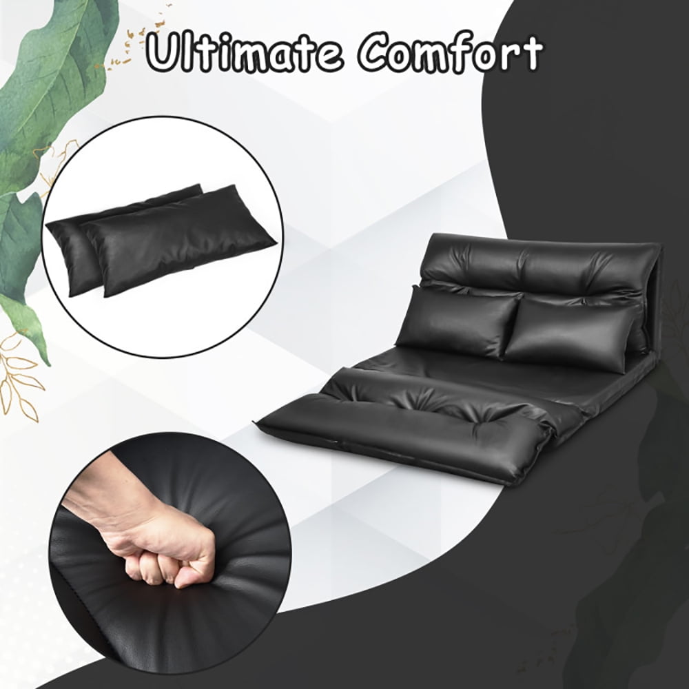 Finihen PU Leather Leisure Floor Sofa Bed, Folding Sleeper Chair Sofa Bed, Foldable PU Leather Leisure Floor Sofa Bed with 2 Pillows, for Living Room, Bedroom, Black Finihen PU Leather Leisure Floor Sofa Bed, Folding Sleeper Chair Sofa Bed, Foldable PU Leather Leisure Floor Sofa Bed with 2 Pillows, for Living Room, Bedroom, Black