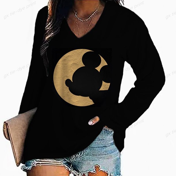 Woman Tshirts Women's Long-Sleeved Disney Mickey Mouse Print T-shirt Spring and Autumn Top Loose V Neck Ropa Mujer CamisetasS Gao Jinjia LED