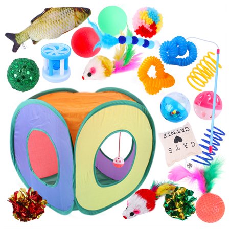 20 Pieces Interactive Cat Toys Set Folding Tent Funny Bell Ball Catnip Fish for Exercise Training Puppy Guinea Kitten Supplies