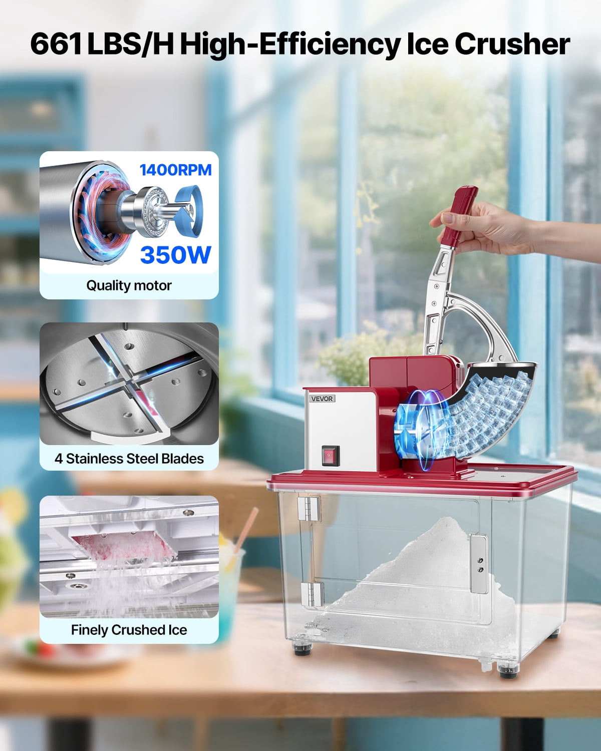 VEVOR Commercial Ice Crusher 661LBS/H, 350W Electric Snow Cone Machine with 4 Blades, 2000RPM Stainless Steel Shaved Ice Machine with 11 Gal Crushed-Ice Box