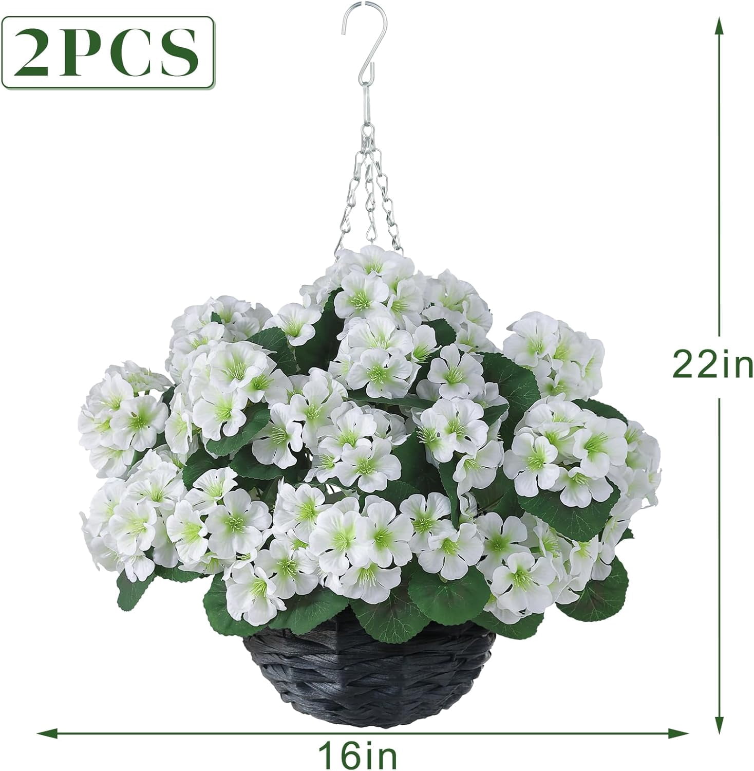 2 Set Artificial Geraniums Flowers with Hanging Baskets for Outdoors - Sun Resistant Silk with Geranium Flowers, Fake Hanging Planters for Front Porch Garden Patio Home Decor (White)