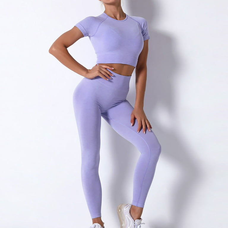 RQYYD Women's Workout Outfit 2 Pieces Seamless High Waist Yoga Leggings  with Long Sleeve Crewneck Crop Top Gym Clothes Set Purple S 