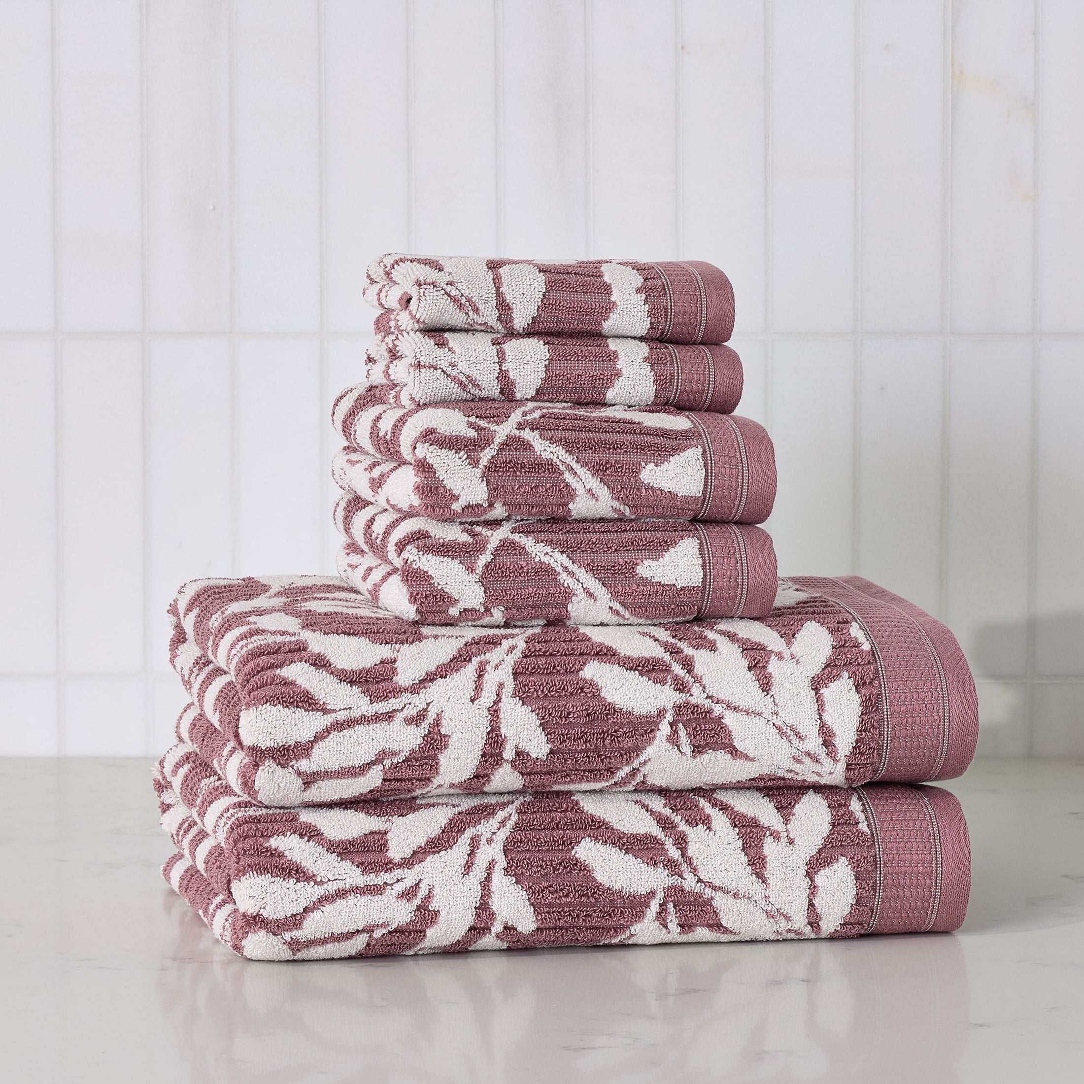Better Homes & Gardens Signature Soft Floral 6 Piece Towel Set,Violet Gem/Vanilla Dream
