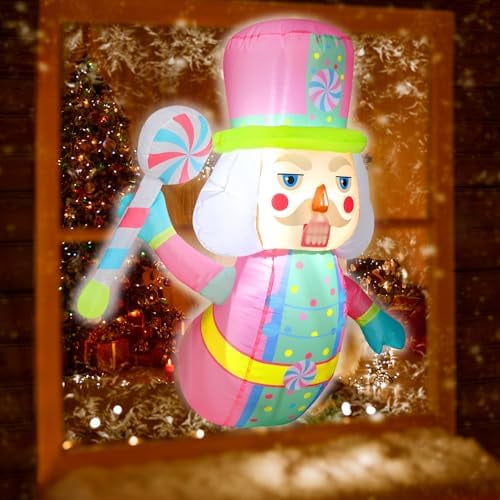 3.5 Feet Christmas Inflatables Pastel  with LED Lights Christmas Window Blow up Pink  Decorations Hold Pastel Peppermint Lollipop Xmas Holiday Outdoor Decorations