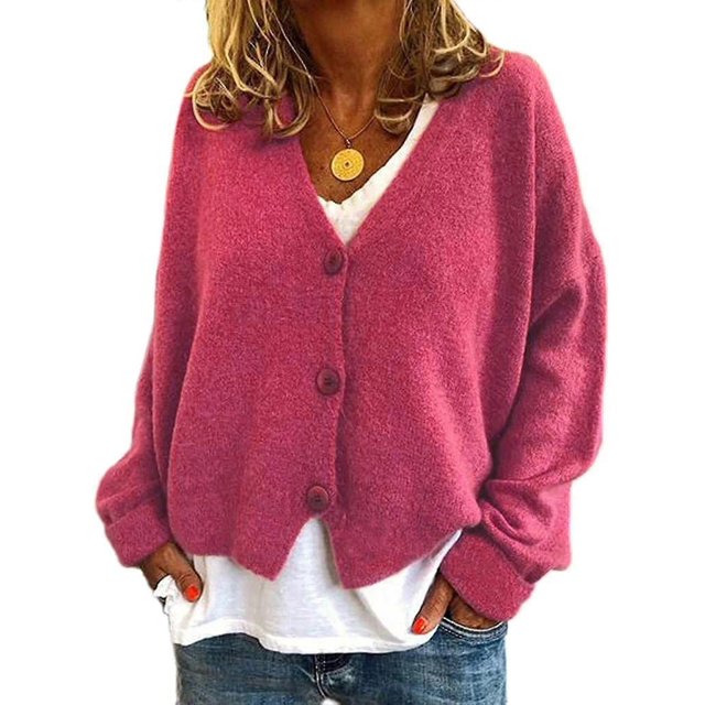 Womens Sweater Knitted Casual V-neck Solid Color Cardigan Sweater