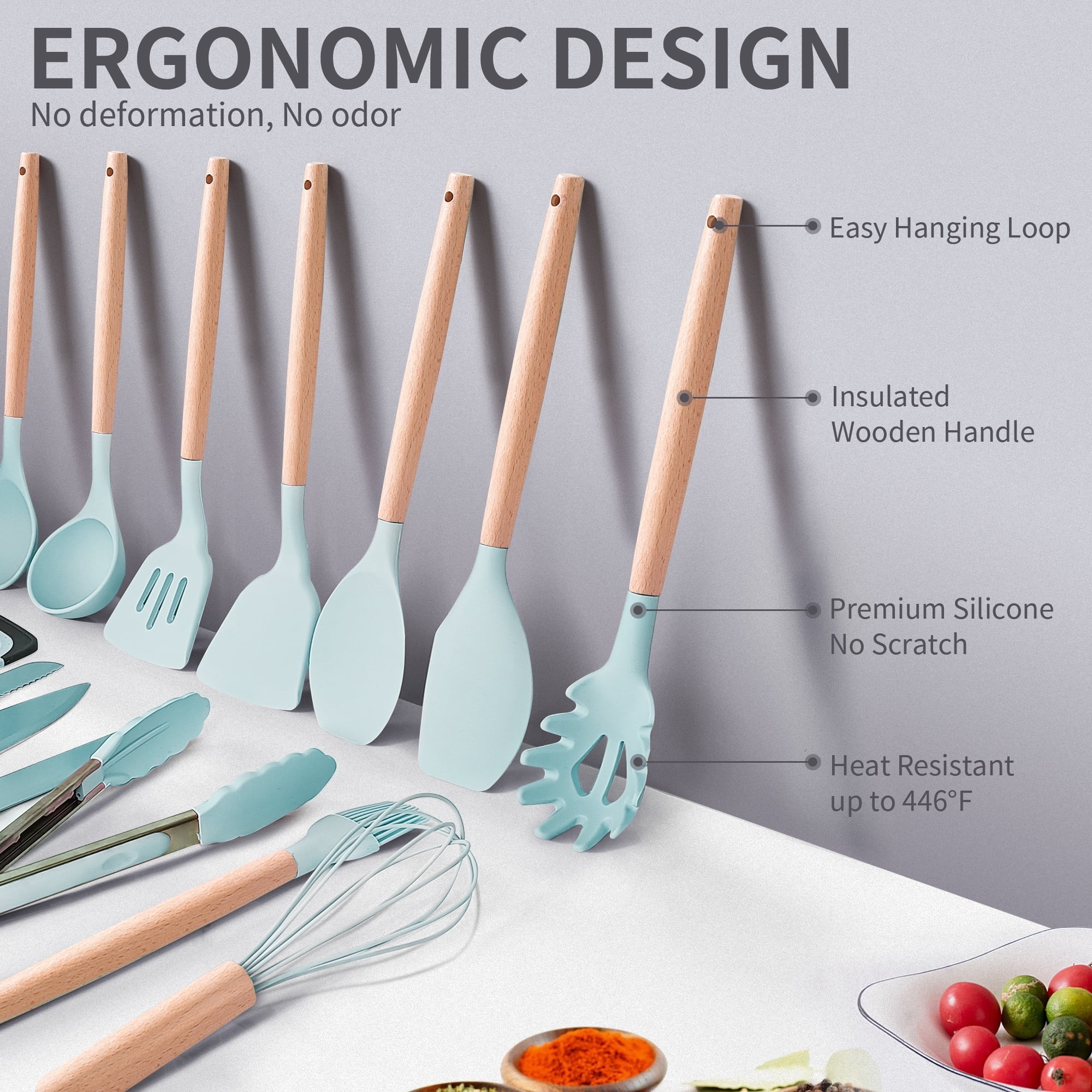 TEAFIRST Silicone Kitchen Cooking Utensils Set, 19 Pieces Utensil with Holder, Heat Resistant, Green
