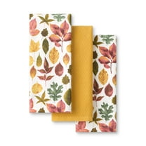 MARTHA STWEART Autumn Harvest Falling Leaves Kitchen Towel 3-Pack Set, 100% Cotton with Absorbent Terrycloth, Decorative Kitchen Towels, Tan/Red/Green, 16"x28"