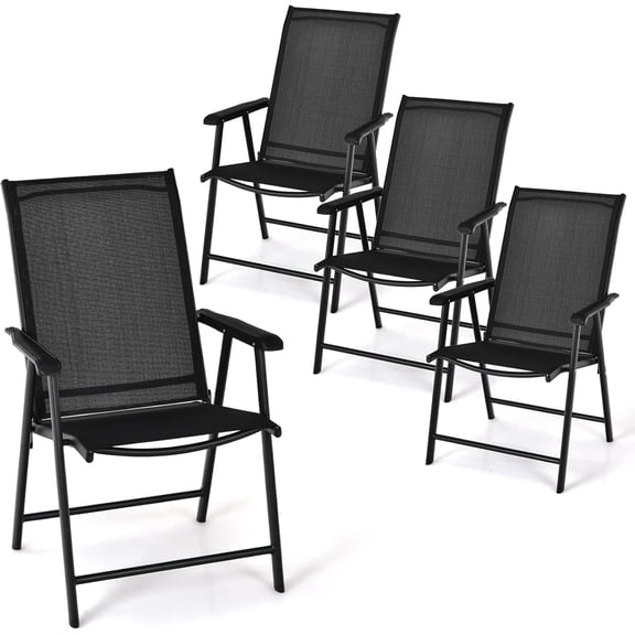 QISHENSHUI Set of 4 Patio Folding Chairs, Outdoor Fabric Dining Chairs with High Back & Armrests, Sturdy Metal Frame for Patio Lawn Garden (Black)
