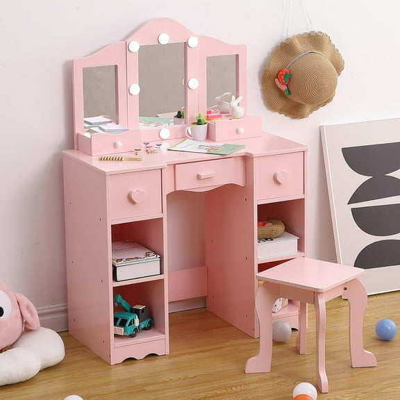 Kids Vanity Table with Tri-Folding Mirror & Light,Stool & Drawer, Girls Wooden Princess Makeup Desk Dressing Table, Toddler Vanity, Pink