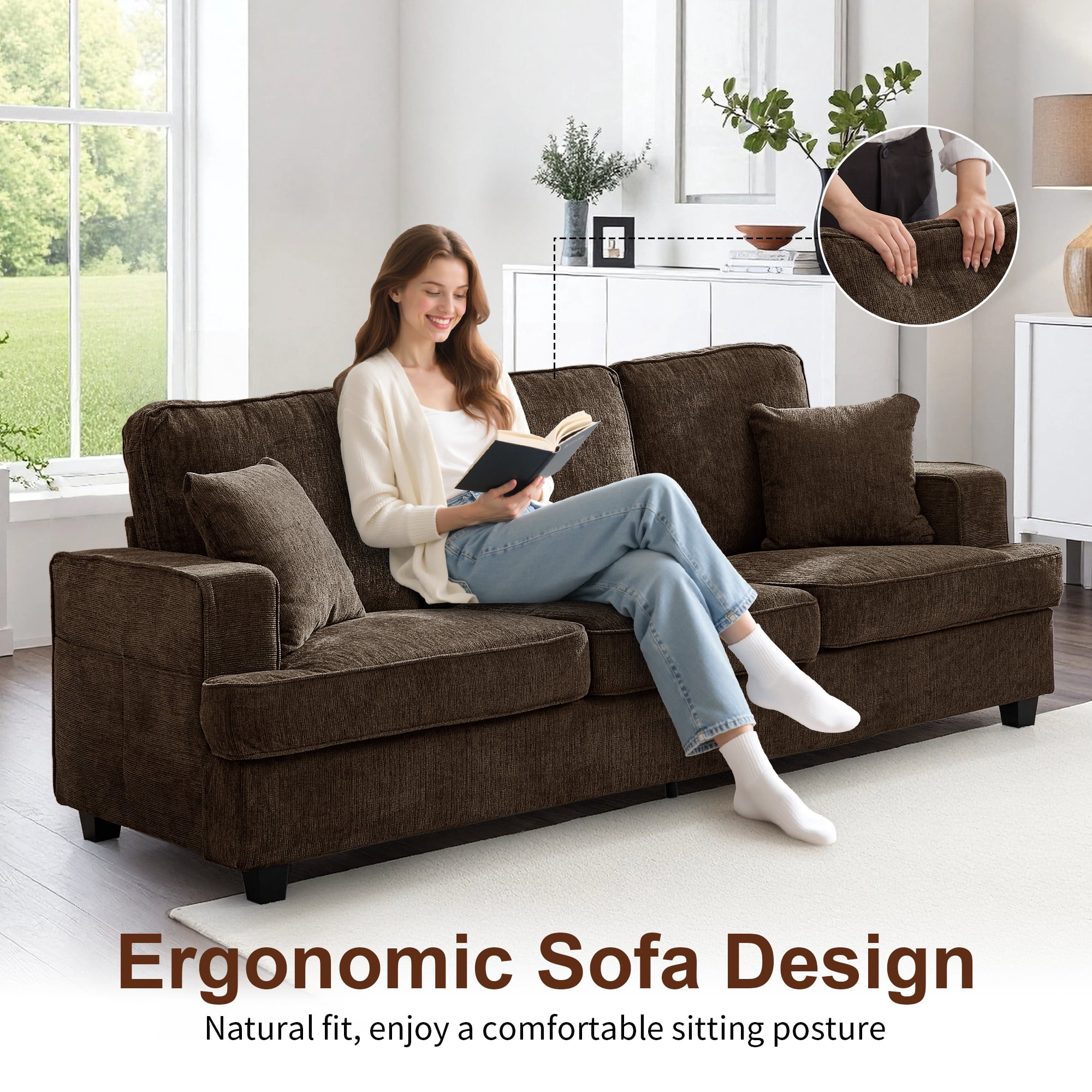 Korser 89" Chenille Sofa 3 Seater Couch with Extra Upholstered Deep Seats for Living Room,Removable Cover,Assembly Required,Brown