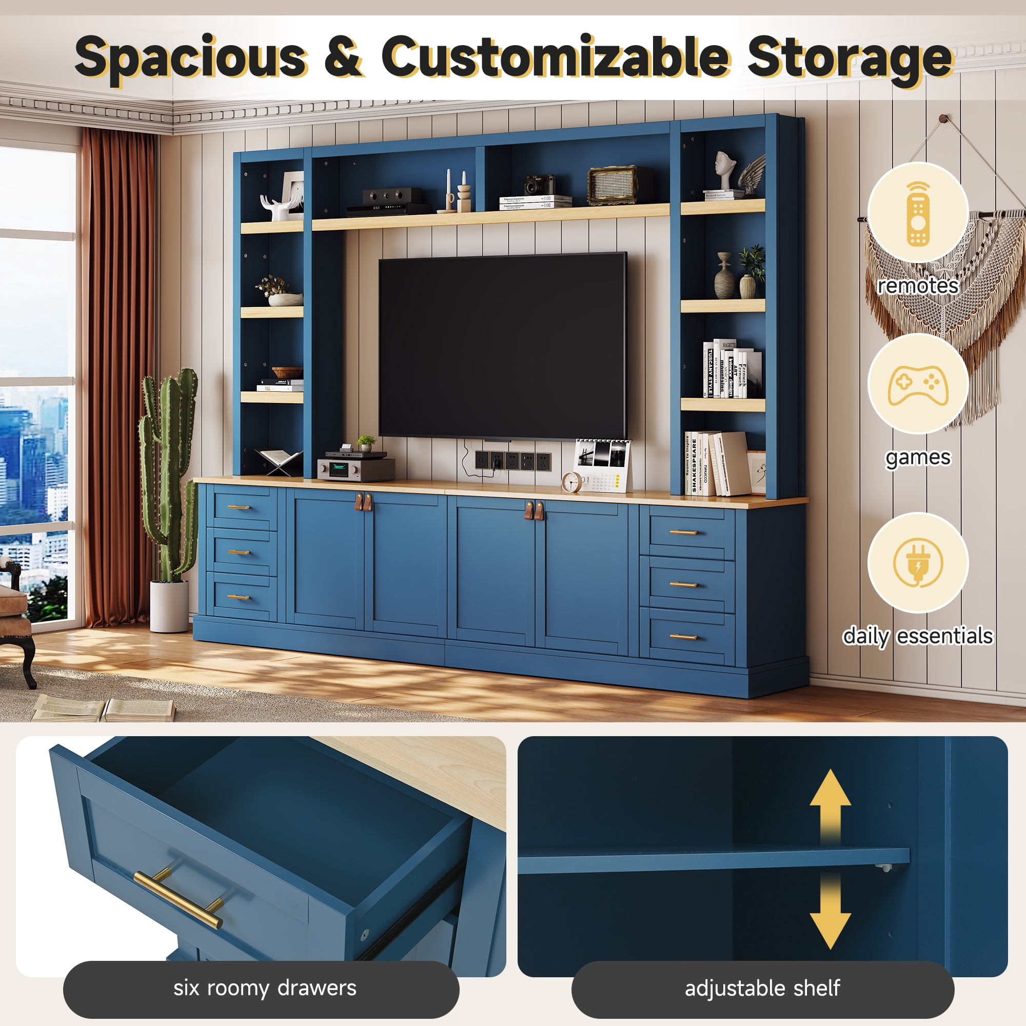 Euroco 102.3"W Farmhouse 4-Piece Entertainment Center Wall Unit with Adjustable Shelf, Modern Large TV Stand with Bookshelves