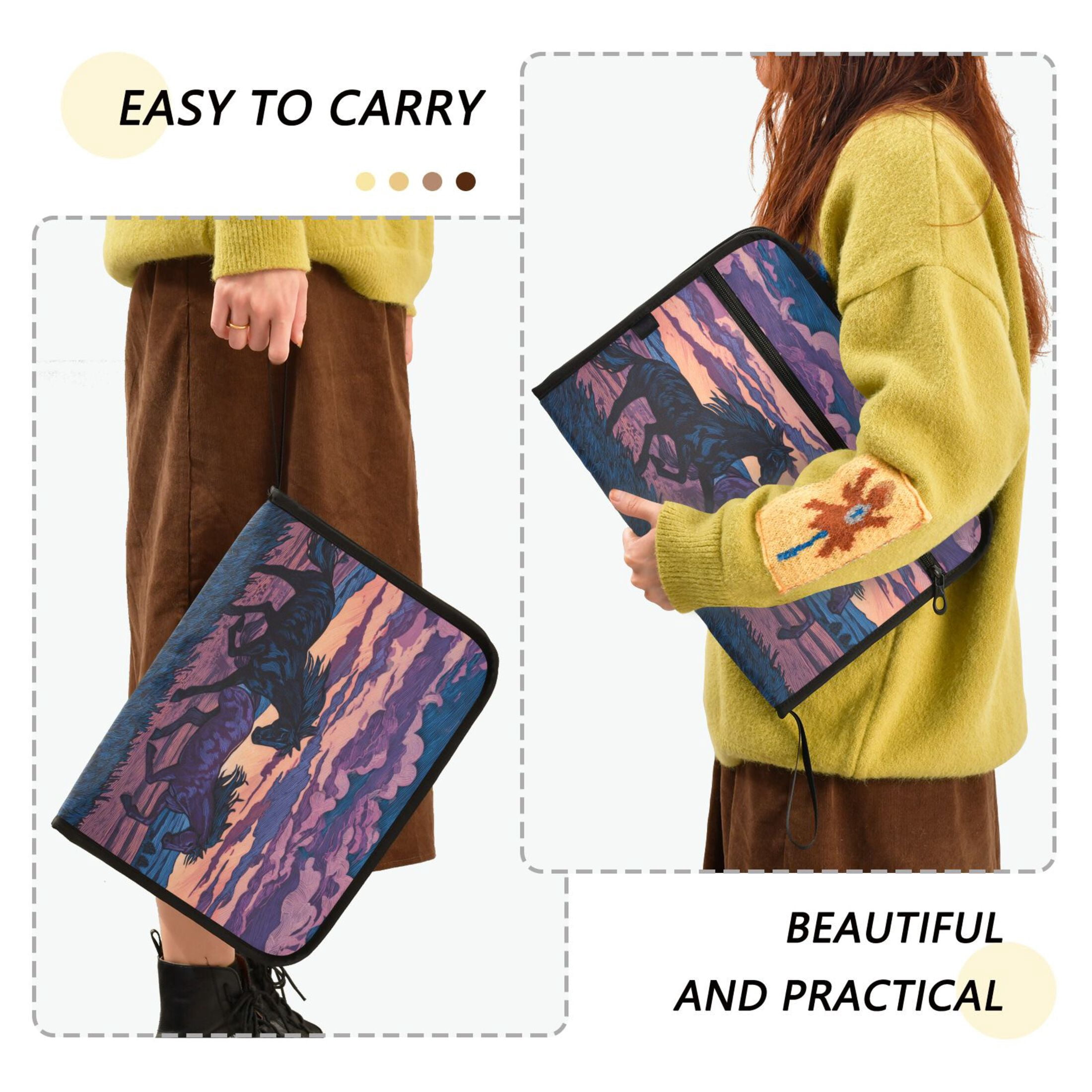 Accordion File Organizer with Zip Closure 13 Pockets Expanding File Folder Letter A4 Paper Document Organizer for Home Office Wild Horses Running