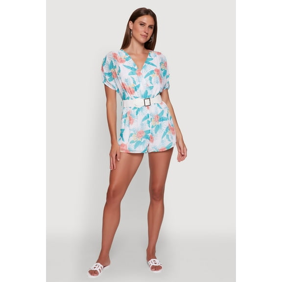 Womens Chiffon Floral Print V Neck Wrap Romper with Belt