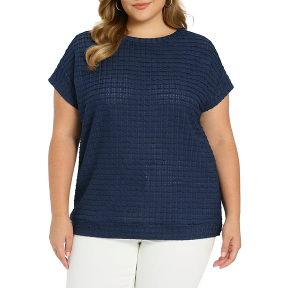 GRACE & GRANDEUR Women's Plus Size Summer Blouse Pointelle Knit Boat Neck Top Loose Raglan Sleeve Hollow Casual Blouses 1X Navy Blue