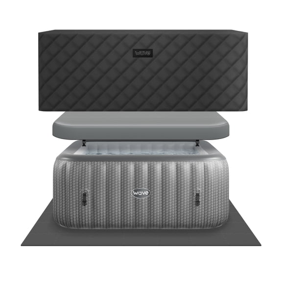 Wave Pacific 6-Person Square Inflatable Hot Tub | 130-Jet Massage & Eco Heater | Gray Rattan | EnergySave Bundle
