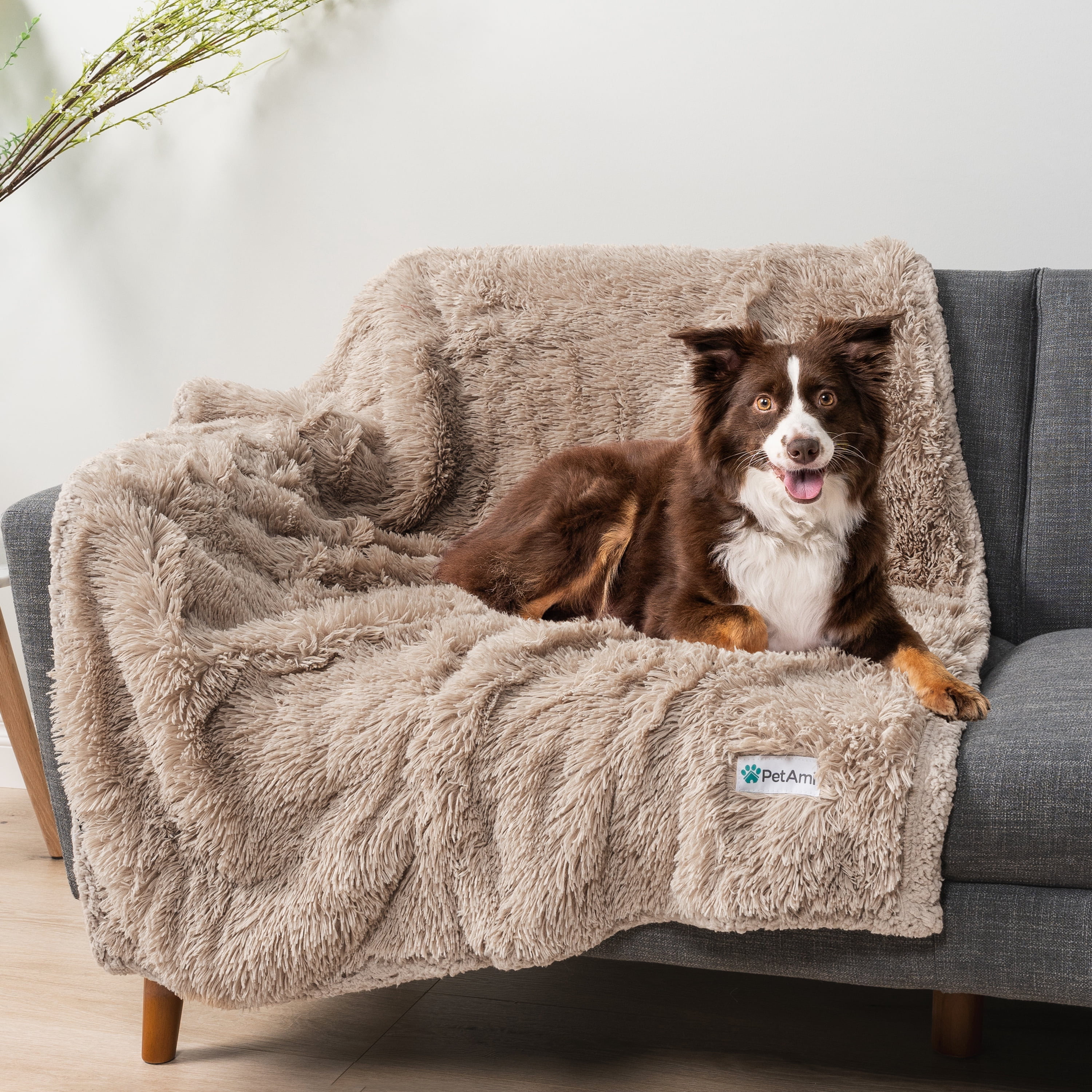 PetAmi WATERPROOF Dog Blanket For Large Dog, Queen Size Calming Pet Blanket Couch Cover Protector, Sherpa Faux Fur Cat Throw for Sofa Furniture Bed, Soft Fluffy XL, 90x90 Taupe