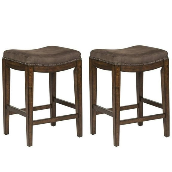 Home Square 2 Piece Upholstered Saddle Wood Barstool Set in Walnut Gray