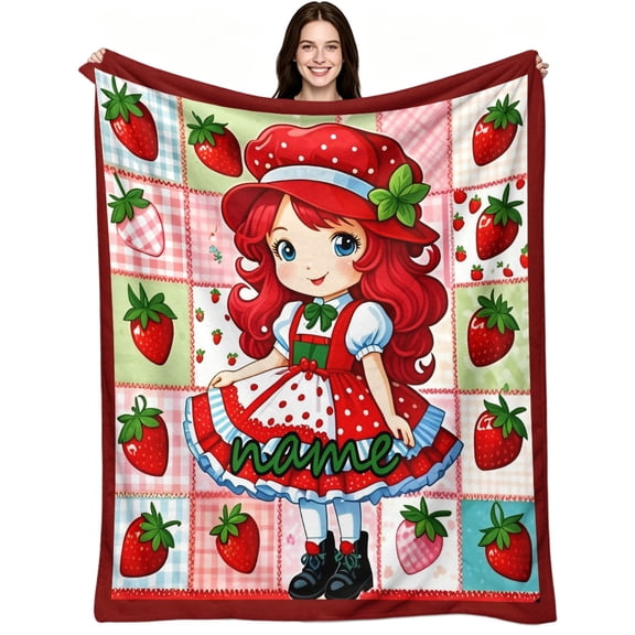 Cute Strawberry Cartoon Character, Soft Flannel Fleece, Kawaii Aesthetic, Throw Blanket, Joyful Cozy, Fruit Theme Room Decor, Couch Bed Sofa All Season Comfort