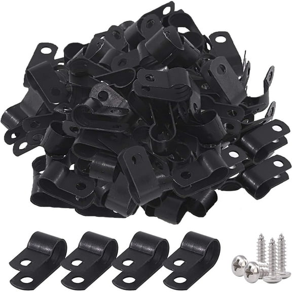 60Pcs 5/16 Inch Black Nylon Screw Mounting R-Type Cable Clip Wire Clamp with 60Pcs Screws for Wire, Cable, Conduit and Cable Conduit Kit (Black)