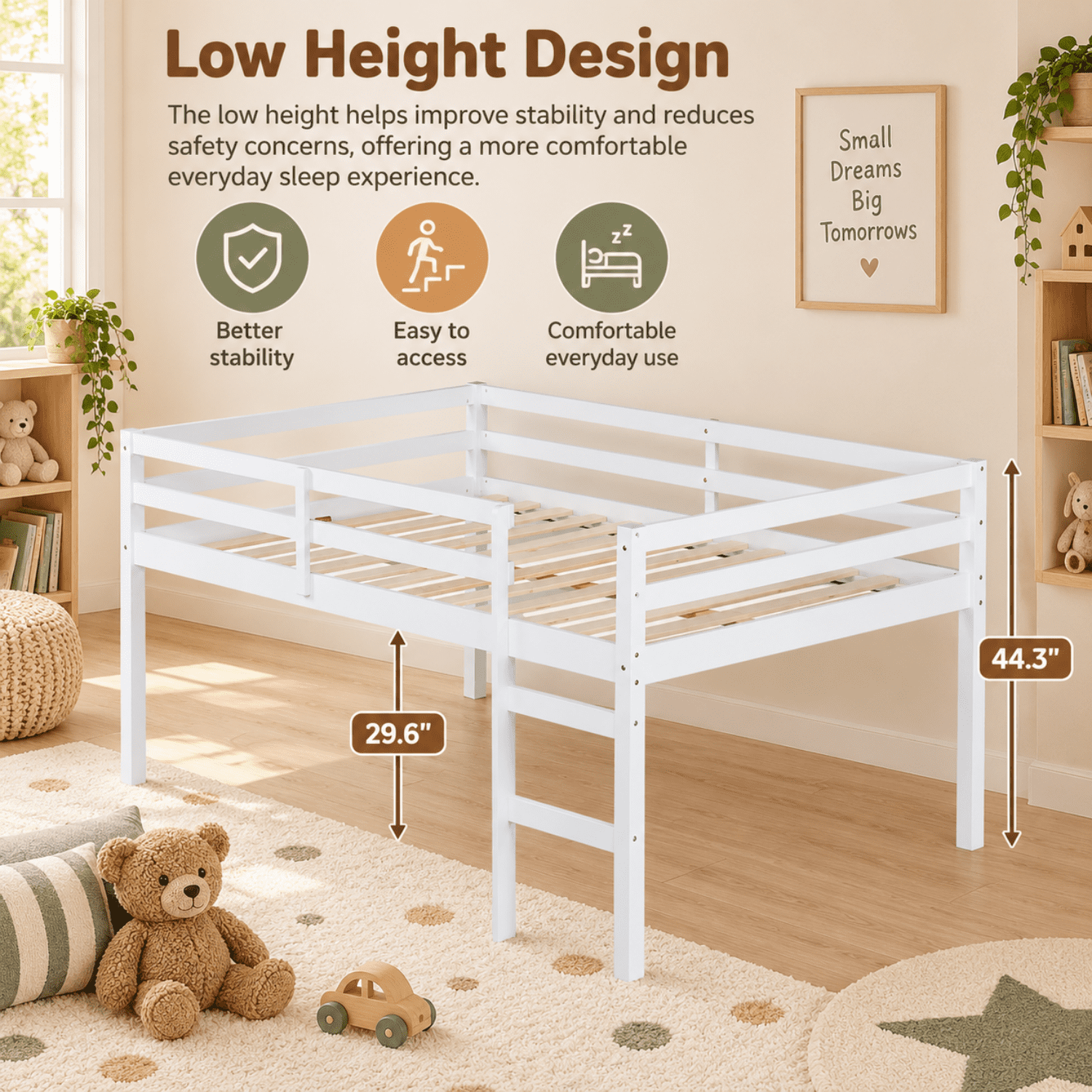 Miniyam Full Loft Bed for Kids, Solid Wood Frame with Ladder and Guardrails, Space-Saving Design, White