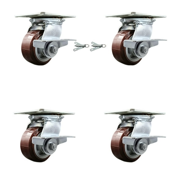 4 Inch Polyurethane Caster Set with Roller Bearing 4 Brake and 2 Swivel Lock SCC