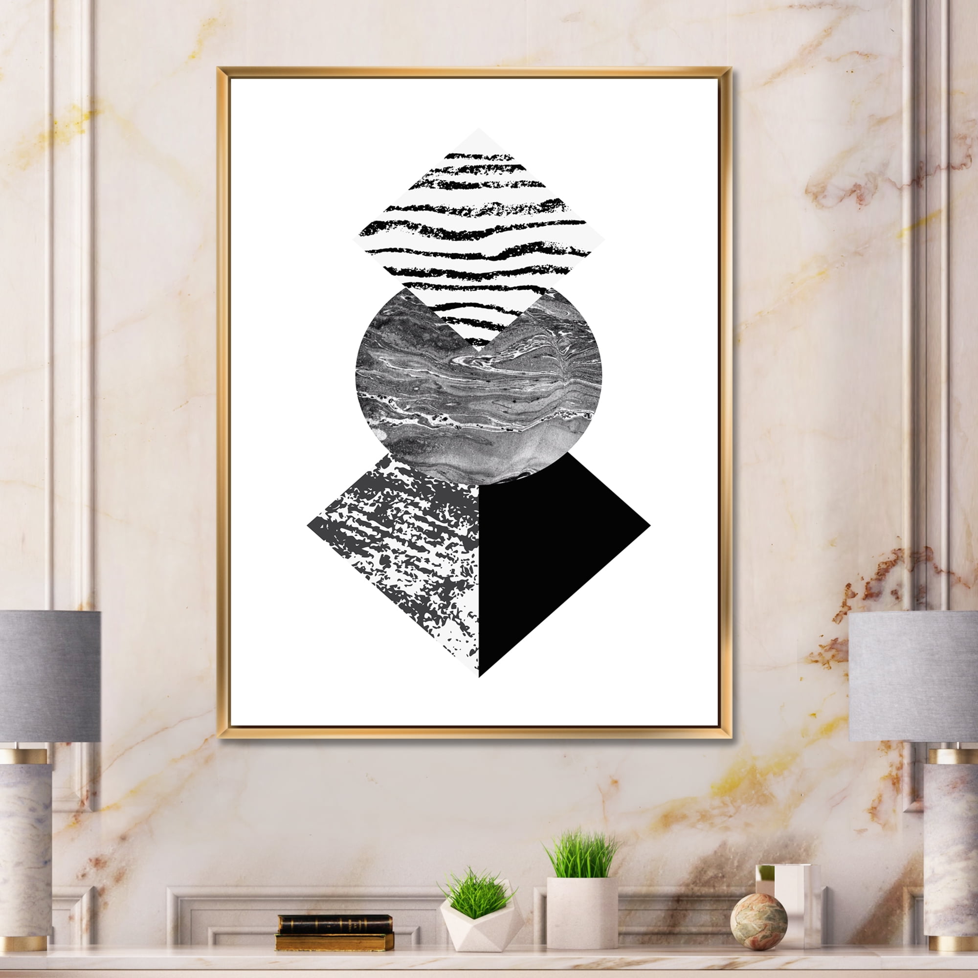 Designart 'Abstract Geometry Shapes With Tropical Palm Leaf I' Modern Framed Canvas Wall Art Print
