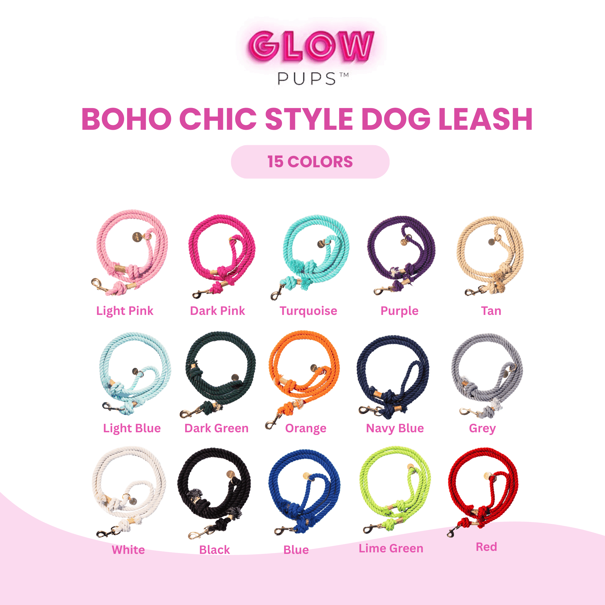 Glow Pups Boho Chic Style Rope Leashes 1 in Cotton Boho Chic Dog Standard Leash, White