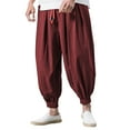 thumbnail image 2 of Men's Japanese Cotton Linen Cropped Pants, Loose Wide-Legged Drawstring Casual Pants Plus Size for Summer, Beach and Relaxation,Wine,5XL, 2 of 5
