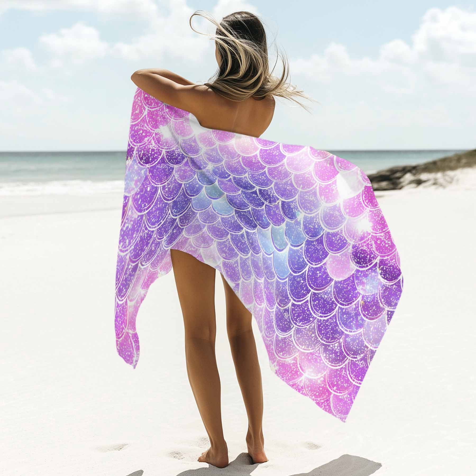 Purple Pink Mermaid Scales Beach Towels Blanket Soft&Absorbent Quick Dry Microfiber Gradual Fish Scale Pattern Pool Towels for Swimming ,Yoga, Sports, Gym, Camping,Large 35X70in,