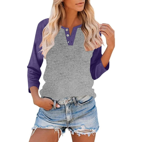 JGGSPWM Women's Casual 3/4 Sleeve T Shirts Button Round Neck Tunic Blouses Color Block Basic Tee Tops Loose Fit Summer Shirt Purple L