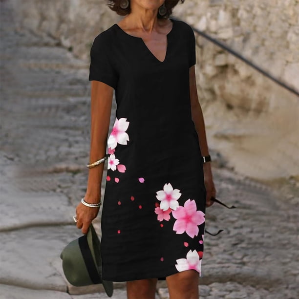Puntoco Vestido De Manga Corta Con Cuello En V, Vestido De Verano De Manga Corta Con Cuello En V Estampado Informal Para Mujer Rosa S