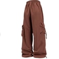 thumbnail image 7 of Fengqque Ladies' Solid Elastic Waist Drawstring Loose Wide Legs Cargo Pants Multi-pocket Tapered Pants Brown L(L), 7 of 7