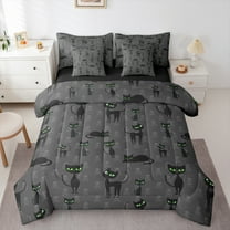 Manfei Black Green Cat Print Twin Bedding Sets 7-Piece, Gothic Skull Skeleton Bedding Comforter Set, Cartoon Animal Theme Reversible Sheet Sets, Super Cozy Room Decor