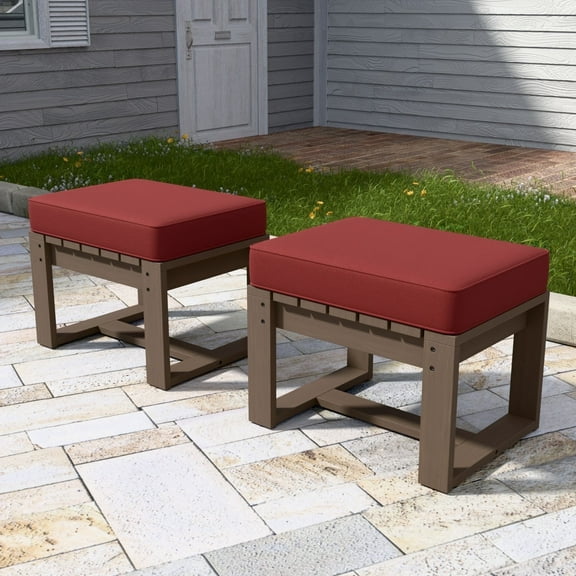 EAGLE PEAK Natural Real Wood Cedar Ottomans with Red Cushions, Slat Top for Garden Lawn Porch Balcony, Square