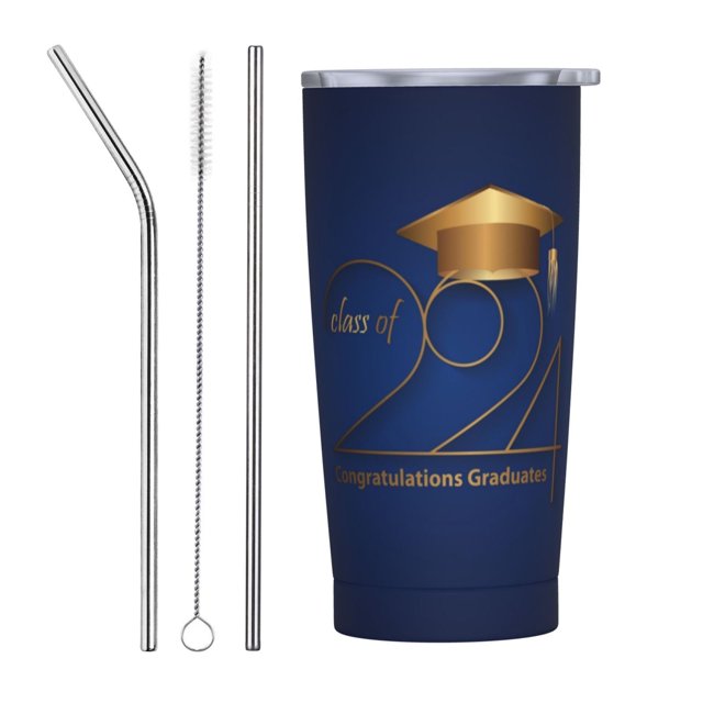 Taza de viaje de acero inoxidable con aislamiento de 20 oz para café con pajita, taza térmica portátil, juego de tres piezas para graduación de la clase de último año de 2024