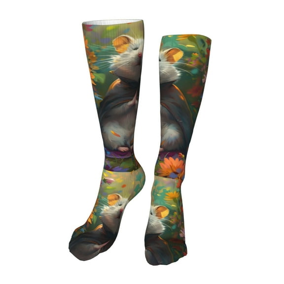 Kdxio Colorful Flower Meditating Hamster Funny Silky Novelty Funky Long Knee High Socks Soft 3D Print Cosplay Crazy Stockings for Men Women