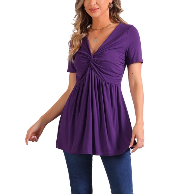 INSPIRE CHIC Women's Summer Front Knotted V Neck Blouse Short Sleeve Oversized Tunic Tops Solid Pullover T Shirt XS Purple
