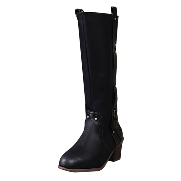 Dasayo Black Boots Women Mid-Calf Wide Calf Western Cowboy Fleece Lined Block Heel Winter Boots Shoes for Women 36