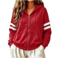 thumbnail image 3 of Women's Zip Up Hoodie Jacket Striped Sleeve Long Sleeve Casual Loose Fit Sweatshirt Coat Y2K Streetwear Spring Fall Outwear with Pocket Red, 3 of 7