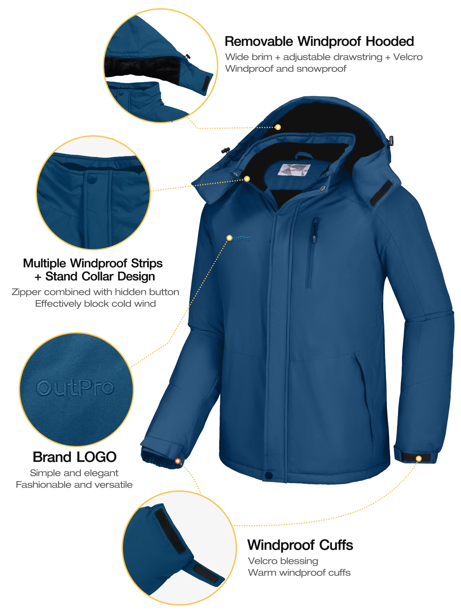 OutPro Mens Ski Jacket Hood Male Windproof Winter Coat Outerwear Waterproof Hiking Trekking Skiing Jackets Blue M