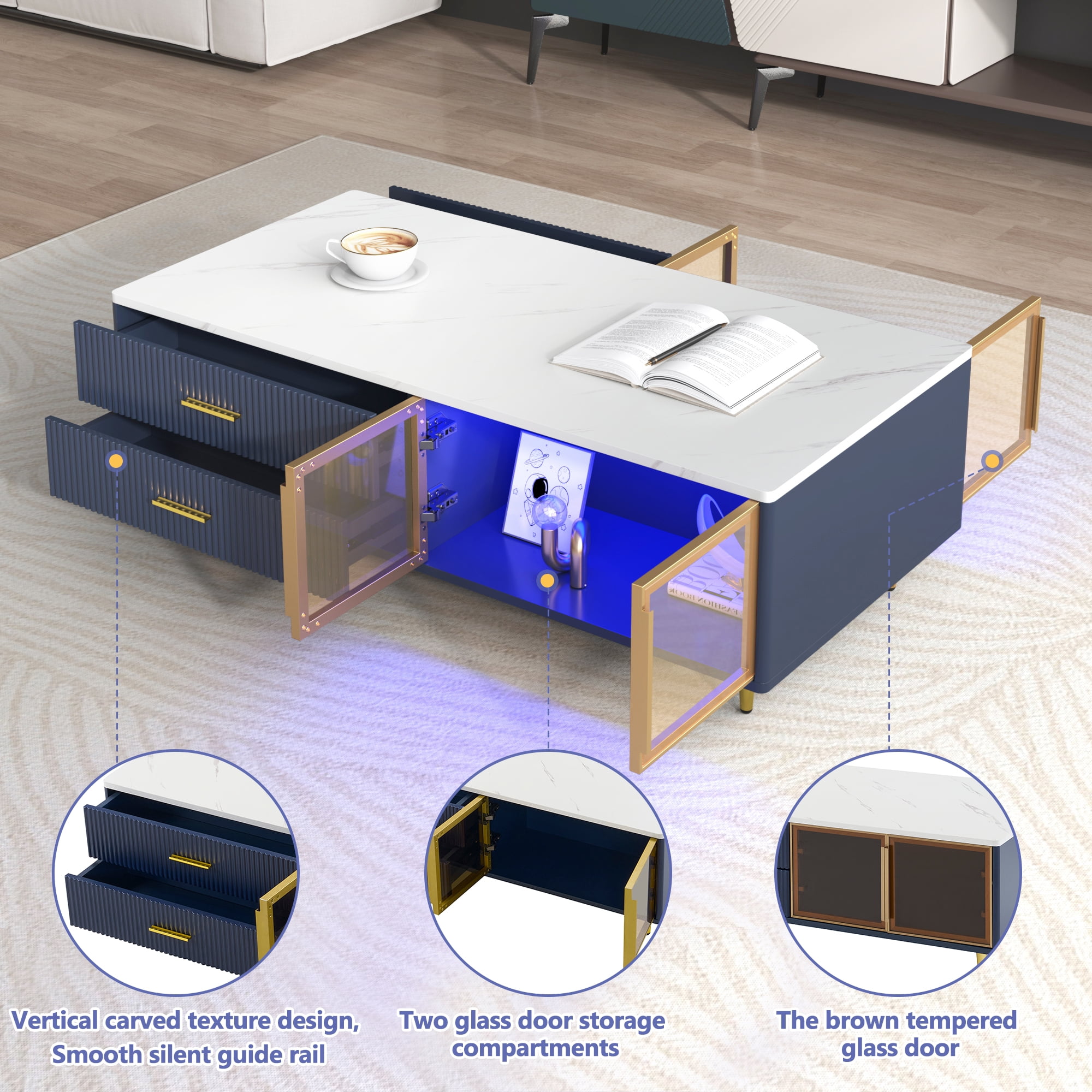 TesNus 47.2" Navy Blue Coffee Table with 2 Glass Doors, 4 Drawers and Multi-Color Lighting for Living Room