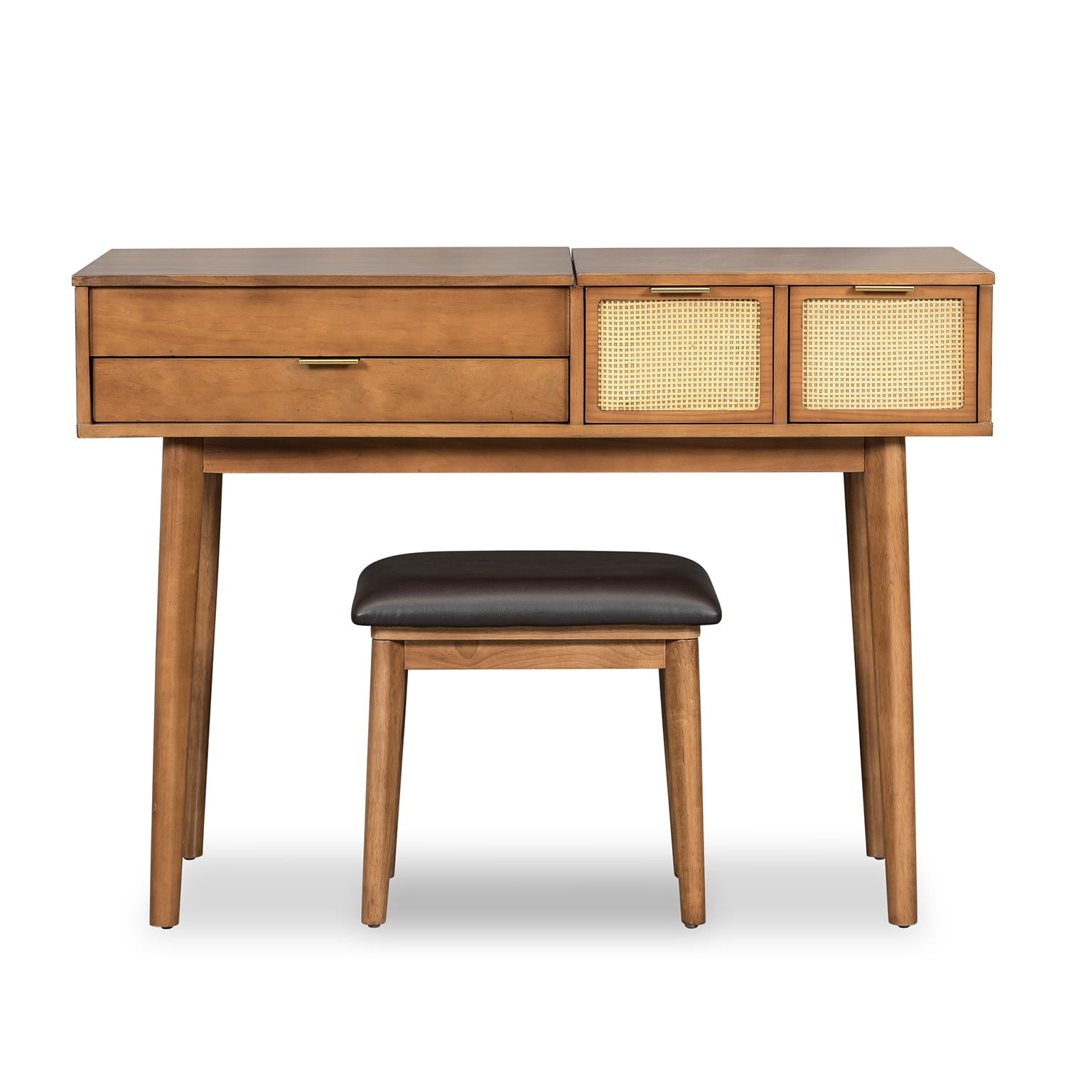 Kadyn 43.3" Classic Wood Makeup Vanity Set with Flip-top Mirror and Stool, Dressing Table with 3 Drawers, Brown Kadyn 43.3" Classic Wood Makeup Vanity Set with Flip-top Mirror and Stool, Dressing Table with 3 Drawers, Brown
