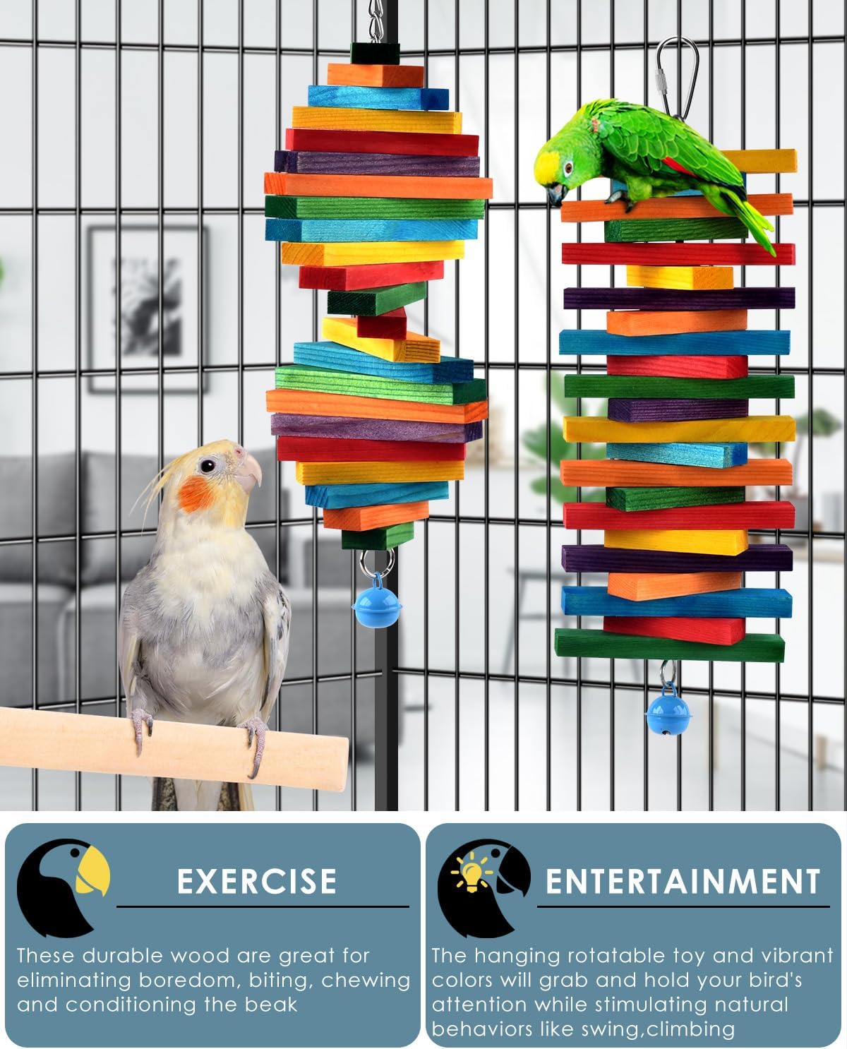 Bird Chew Toys, Multicolored Bagel Cascade Chewing Sticks Biting Wooden Blocks Toy for Parrot Conure Parakeet Cockatiels Lovebird Pet Birds