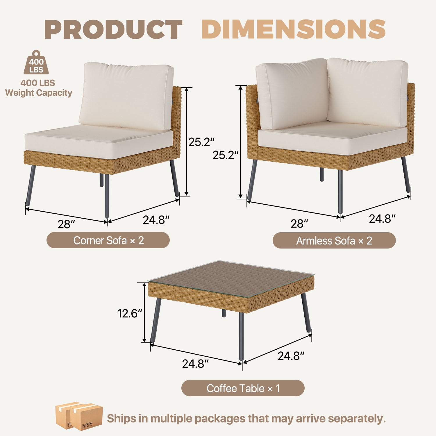 BaPiPro 5-Piece Modular Outdoor PE Rattan Sectional Sofa Set, All Weather Patio Furniture with Removable 4" High Density Cushions & Tempered Glass Coffee Table for Backyard Garden Courtyard, Beige