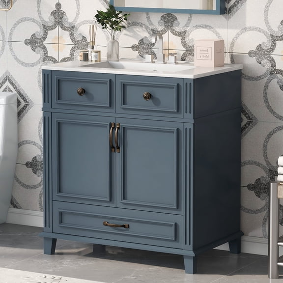 Modern Bathroom Vanity 30'' Bathroom Vanity with Ceramic Sink,Solid Wood Frame Bathroom Storage Cabinet with Soft Closing Doors,Retro Style, Blue,Wooden Bathroom Vanity