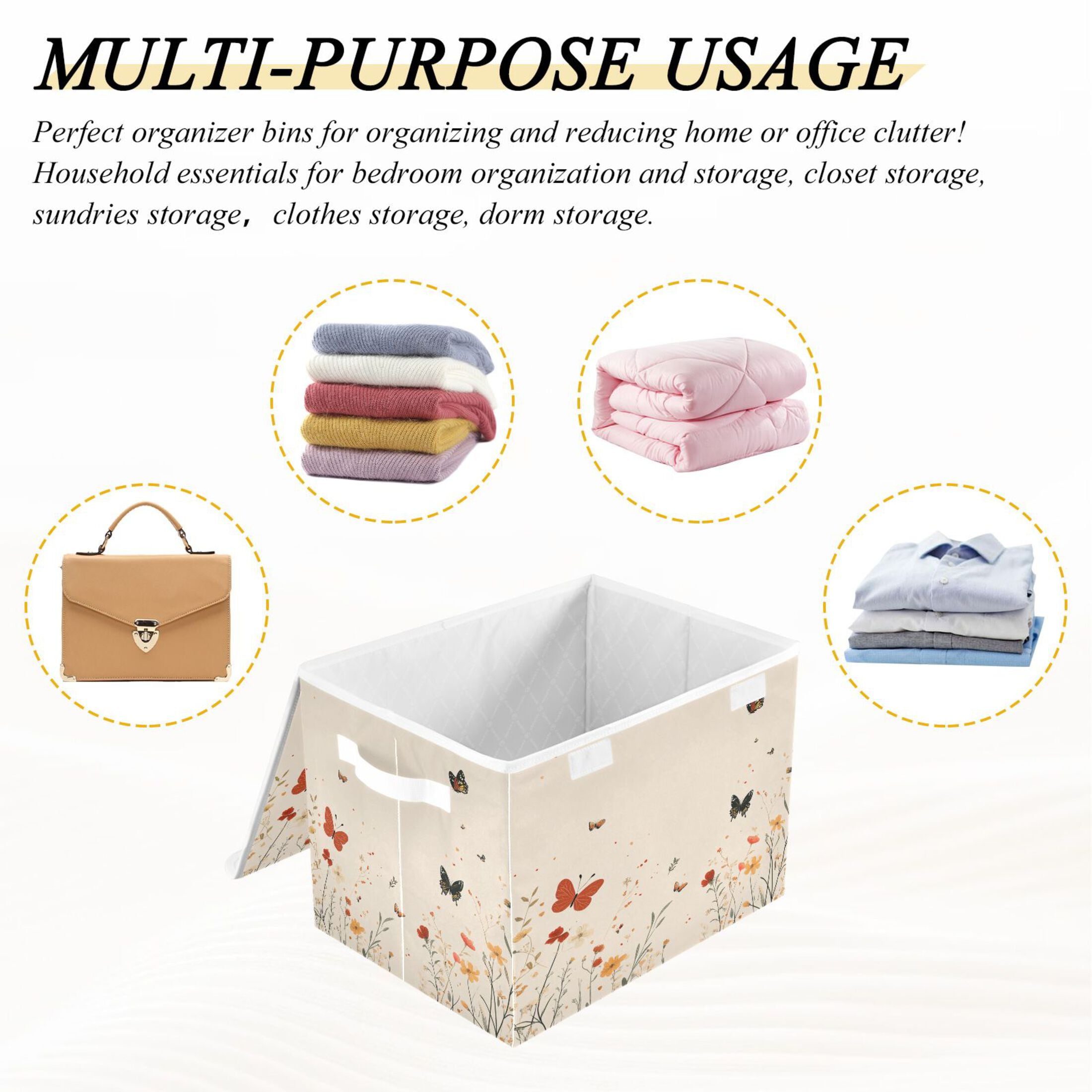 WOBOGO Butterfly Wildflower Pictures Large Collapsible Storage Box Flip Lid Fabric Decorative Organizer Container Basket with Handles 16.5×12.6×11.8in
